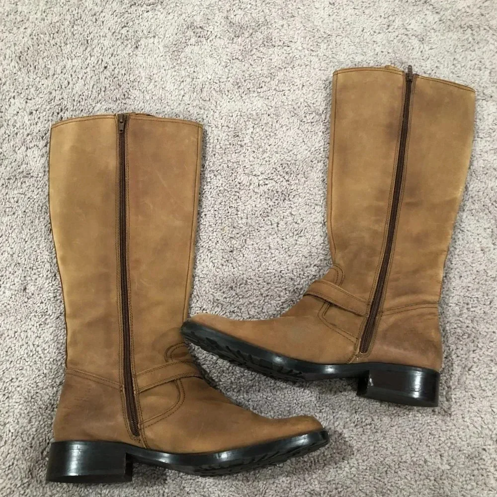 Eddie Bauer Tan Nubuck Leather Tall Riding Boots with Buckle and Lug Sole